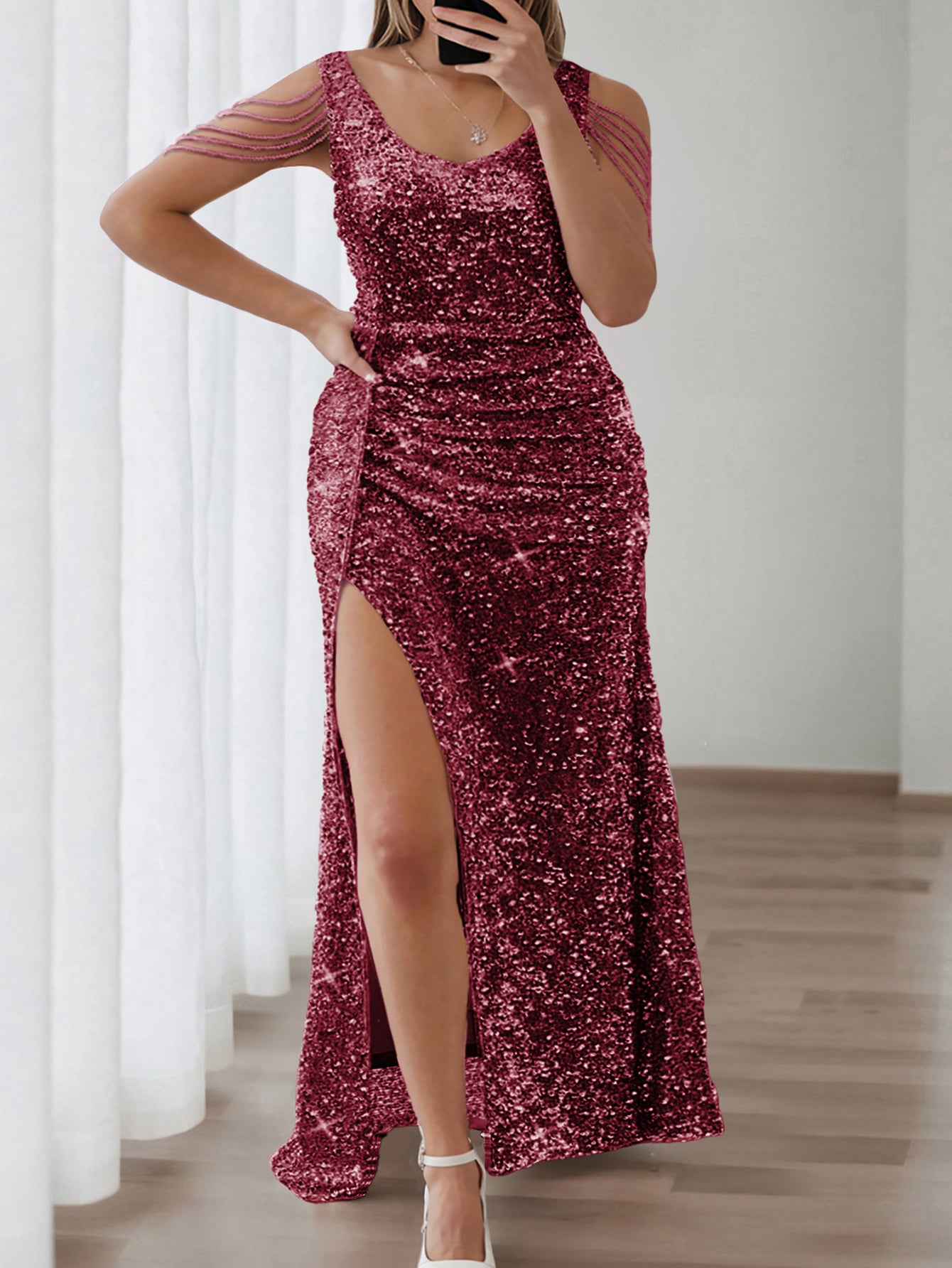 Plus Size Women's Sequin Sleeveless Slit Party Dress Solid Color Chic Long Evening Gown 4