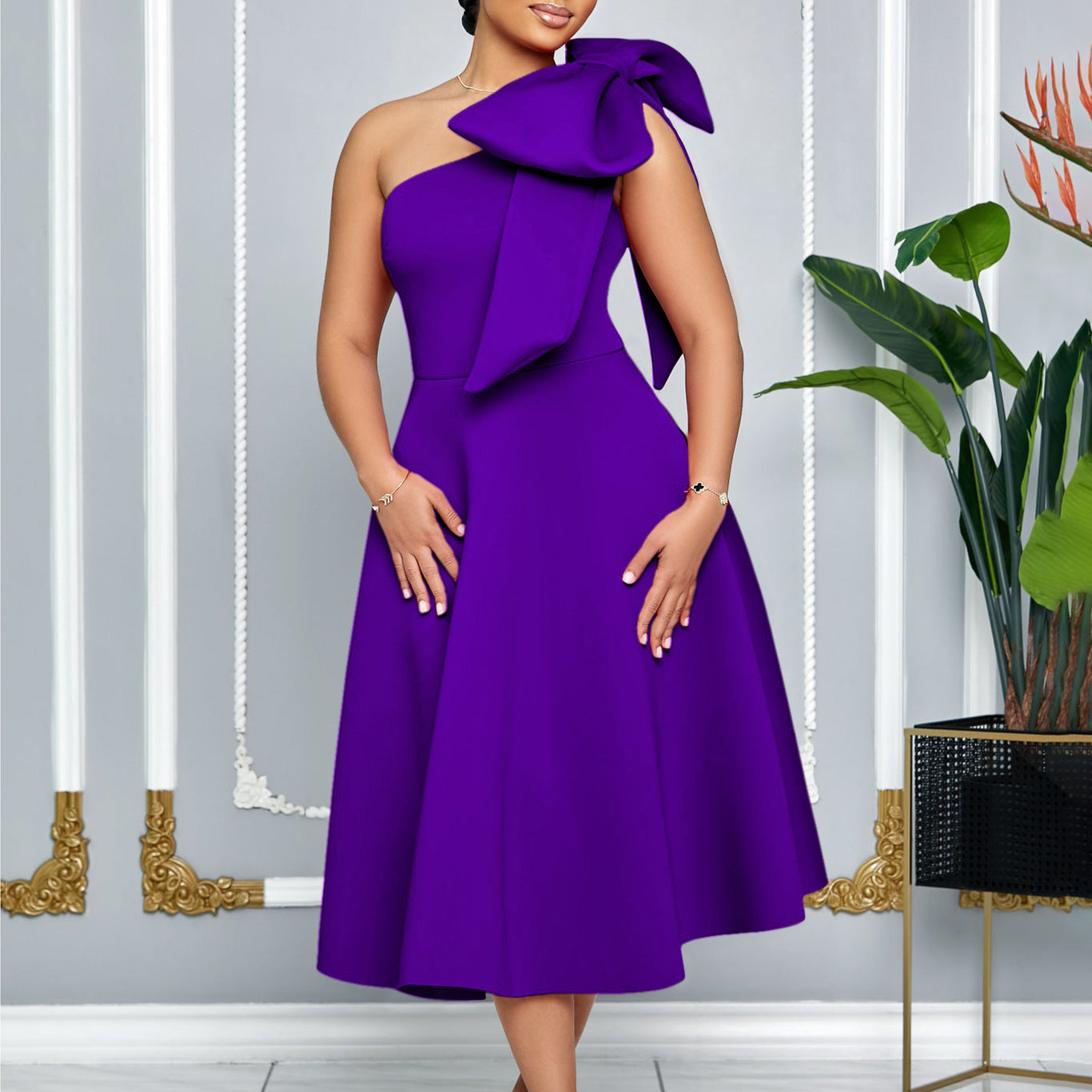 Plus Size Women's Summer Fashion Slash Shoulder Bow Formal Party Dress Large Swing African Dress 7