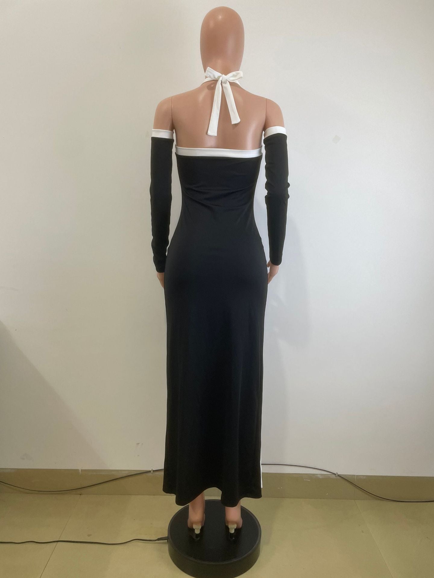 Summer Fashion White Contrast Color High-Slit Halter Neck Dress 10