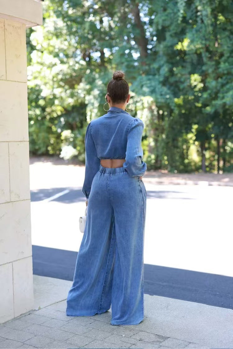 Women Casual Top and wide-leg pants Denim two-piece set 3