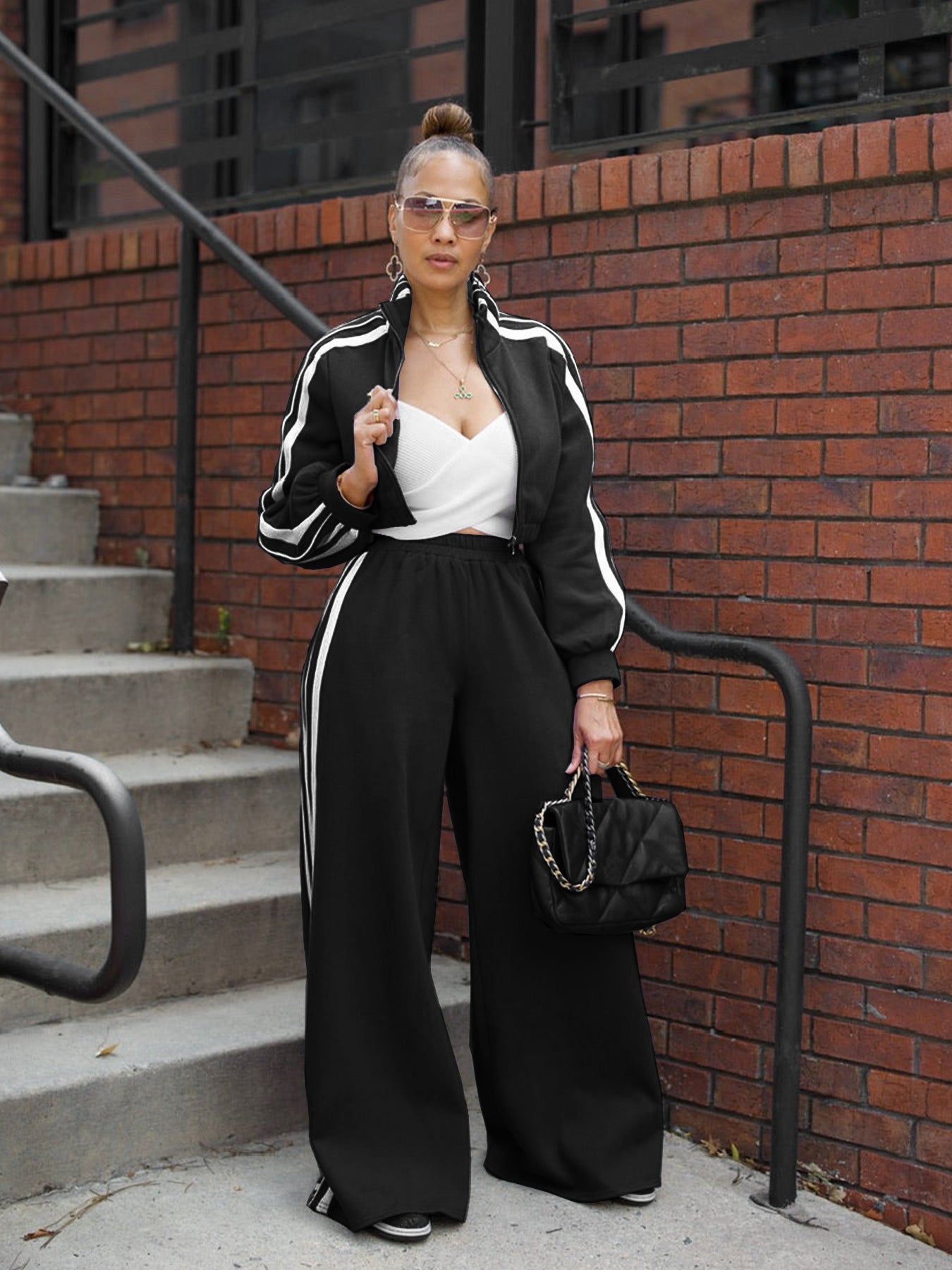 Women Autumn Striped Zipper Casual Top and Pant Set 3