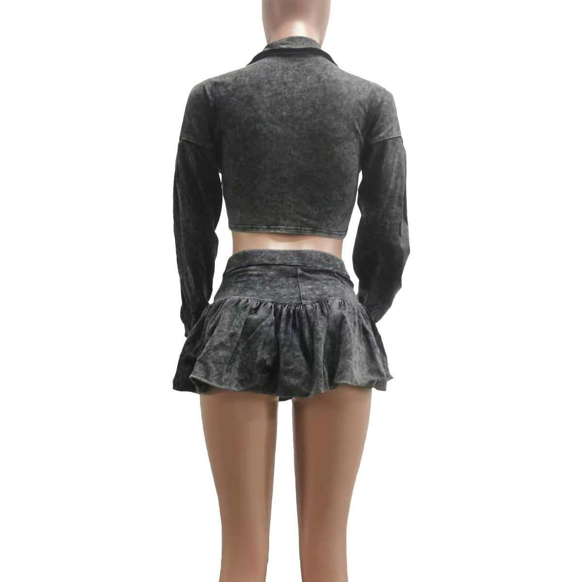 Fashionable women's clothing solid color distressed long sleeve top short skirt two piece set  (with underwear) 8