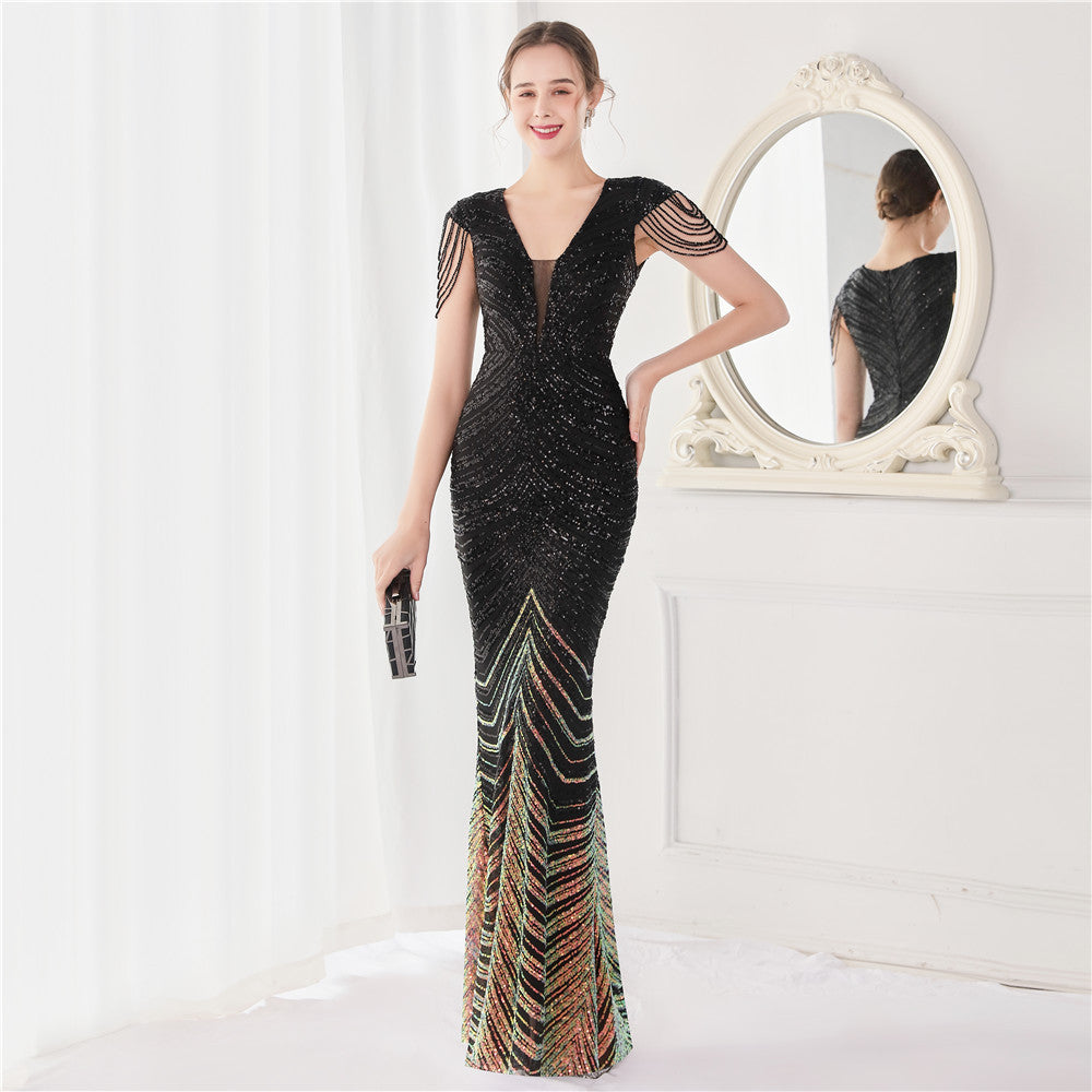 Summer Elegant v Neck Tassels Short Sleeve Sequ Stripe Mermaid Evening Dress 10