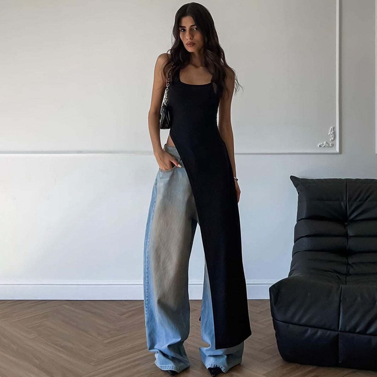 Women's Summer Fashion Style Slim Wide Strap U Neck Slit Long Dress