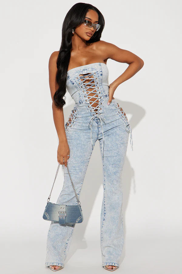 Women sexy Lace-Up Strapless washed Denim Jumpsuit