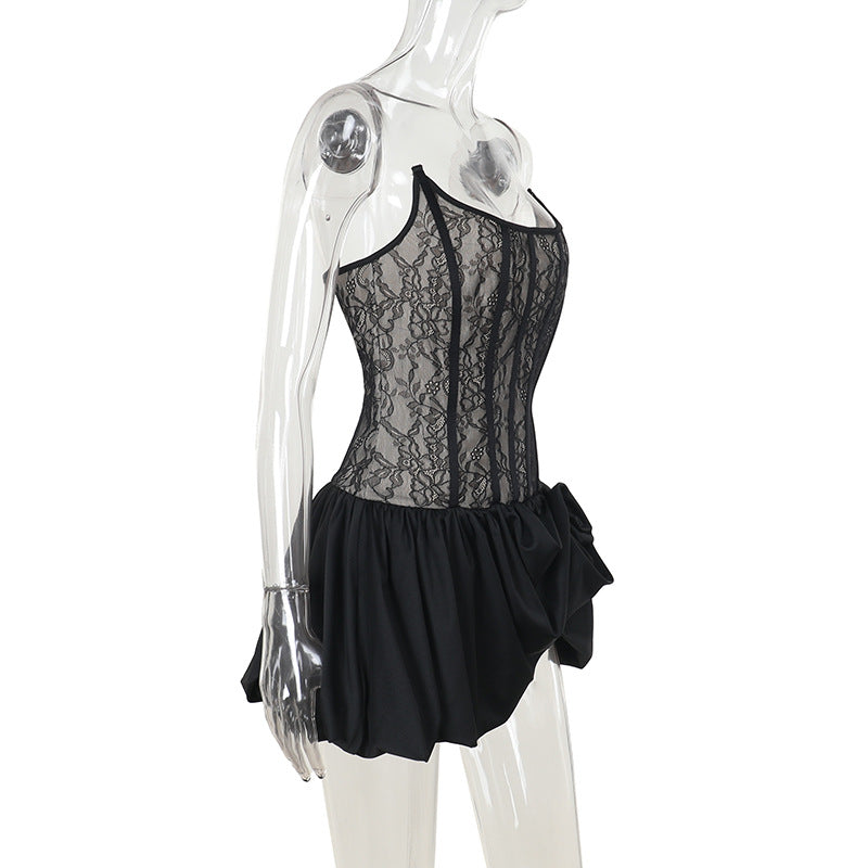 Women Fishbone Slim Waist Lace Strapless Dress 7