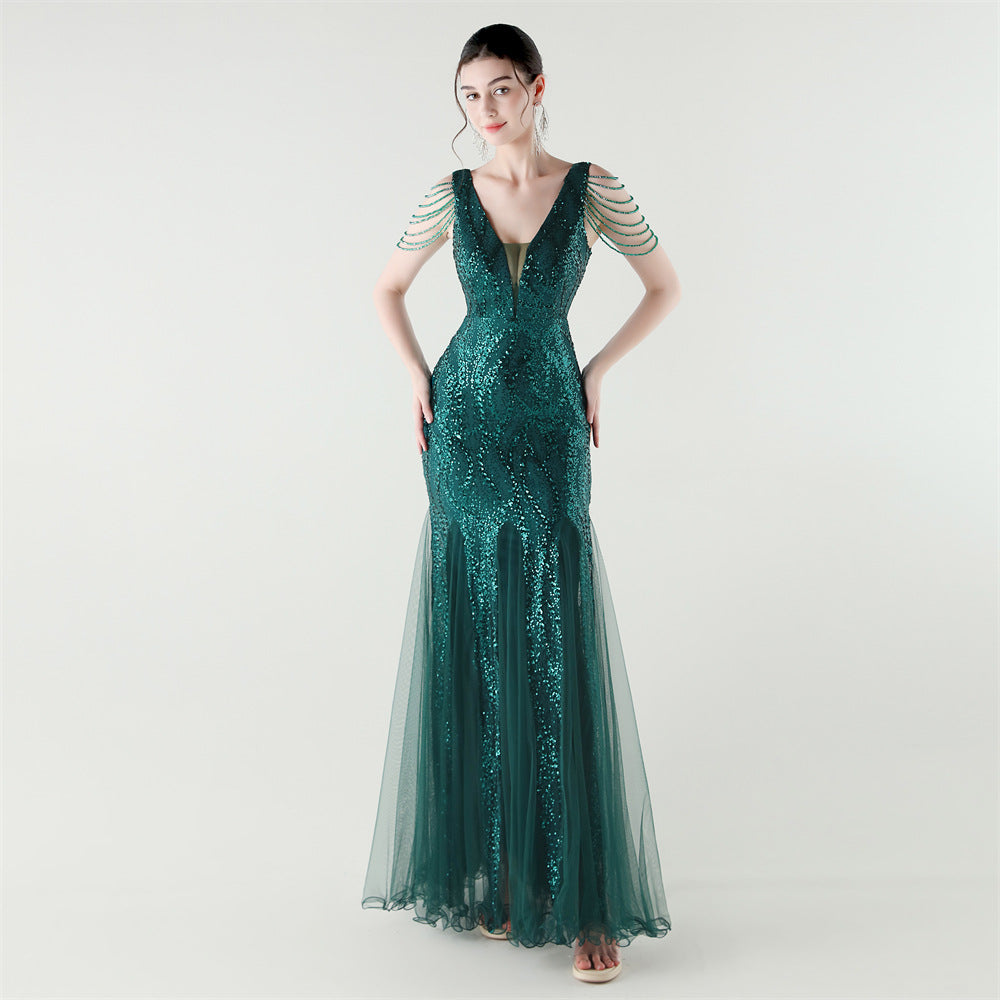 Spring Summer Low Back Sequined Mesh Slim Fishtail Party Evening Dress 21
