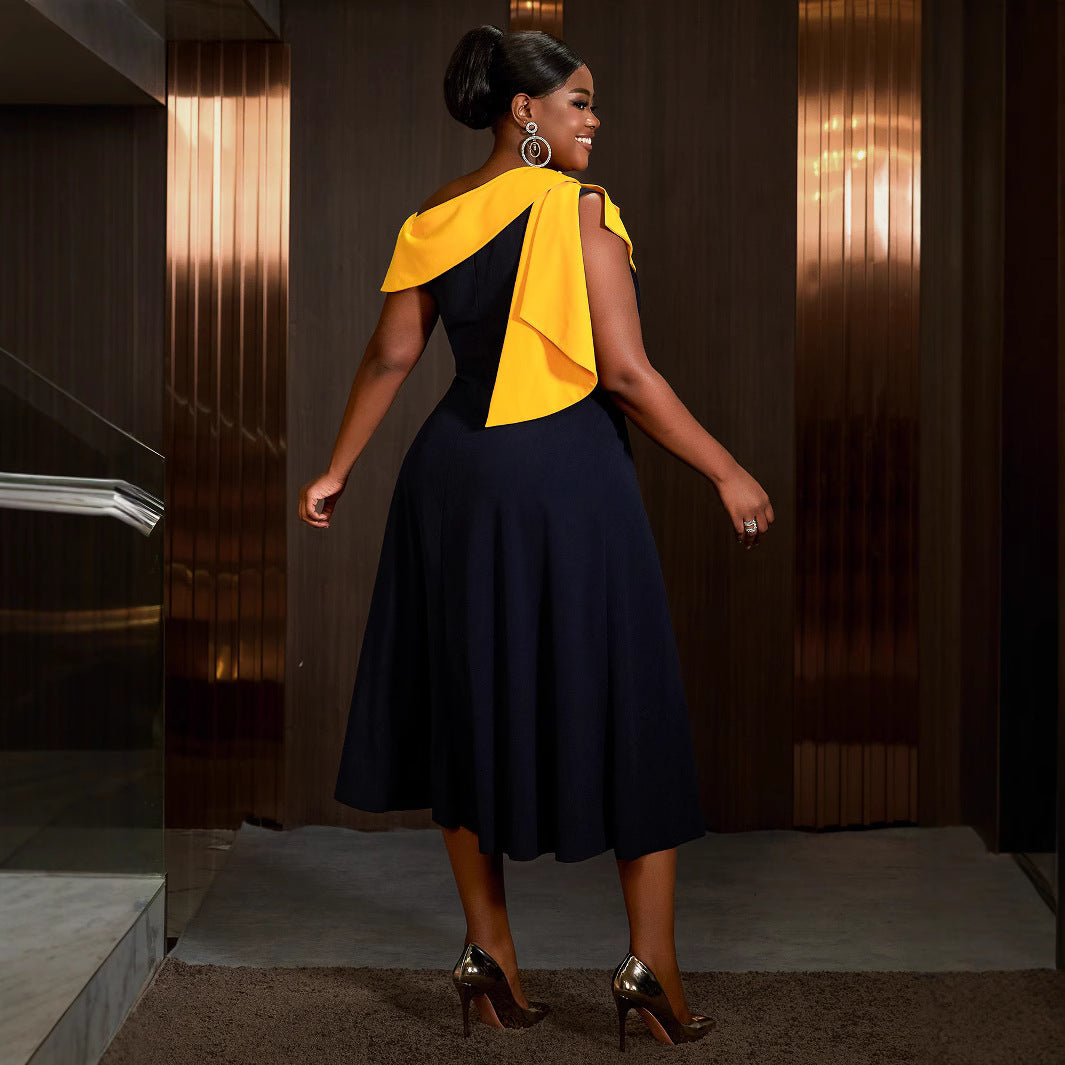 Women Style One Shoulder Collar Contrast Patchwork Party Dresses 3