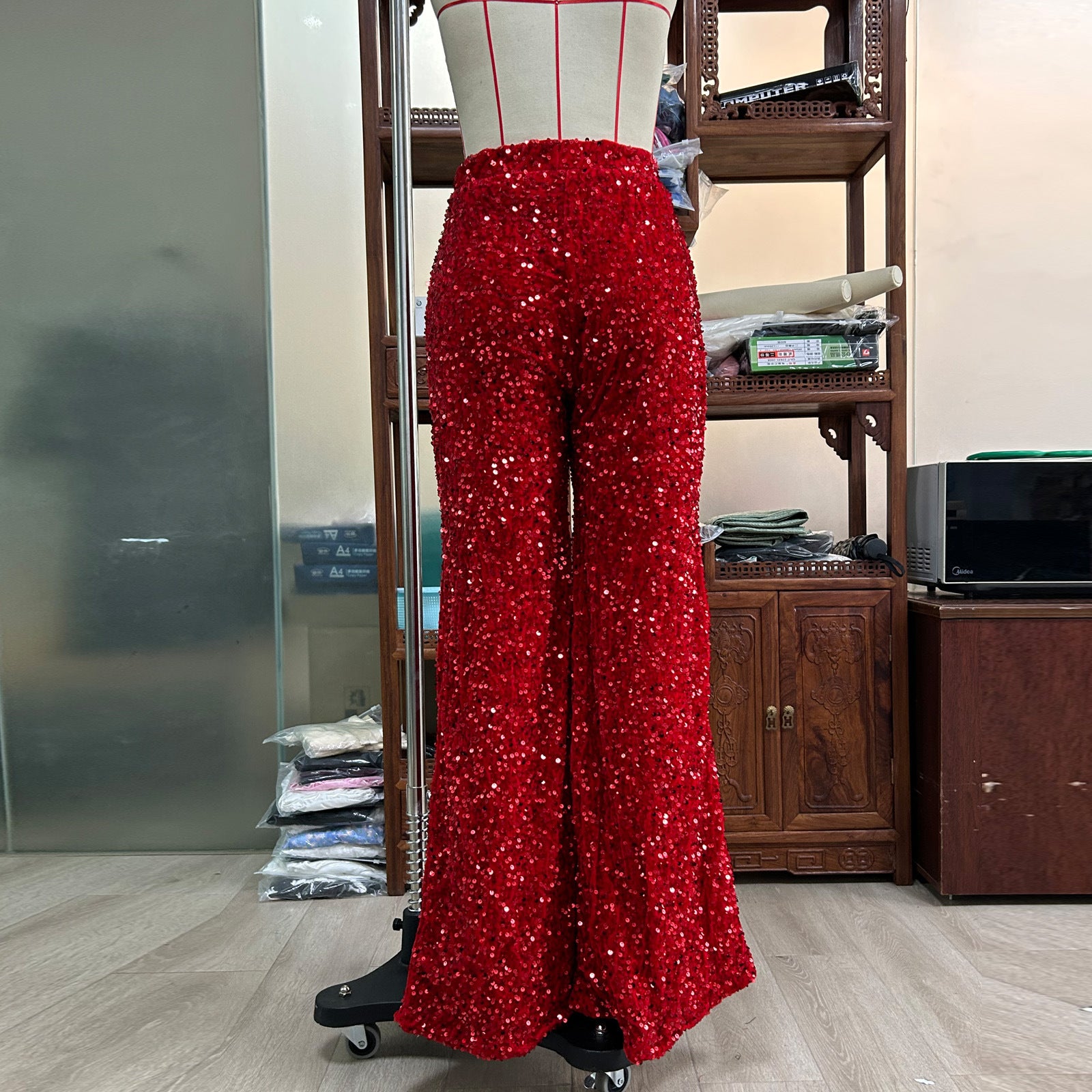 Women Solid Color Sequin Fashion Casual High Waist Wide Leg Pants 10