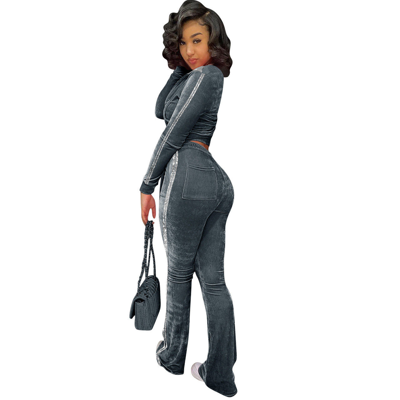 Women's Solid Velvet Casual Zip Top Wide Leg Pants Two Piece Tracksuit 41