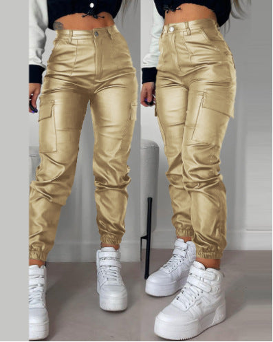 Women Zip Pleated Pockets Casual PU-Leather Pants 12