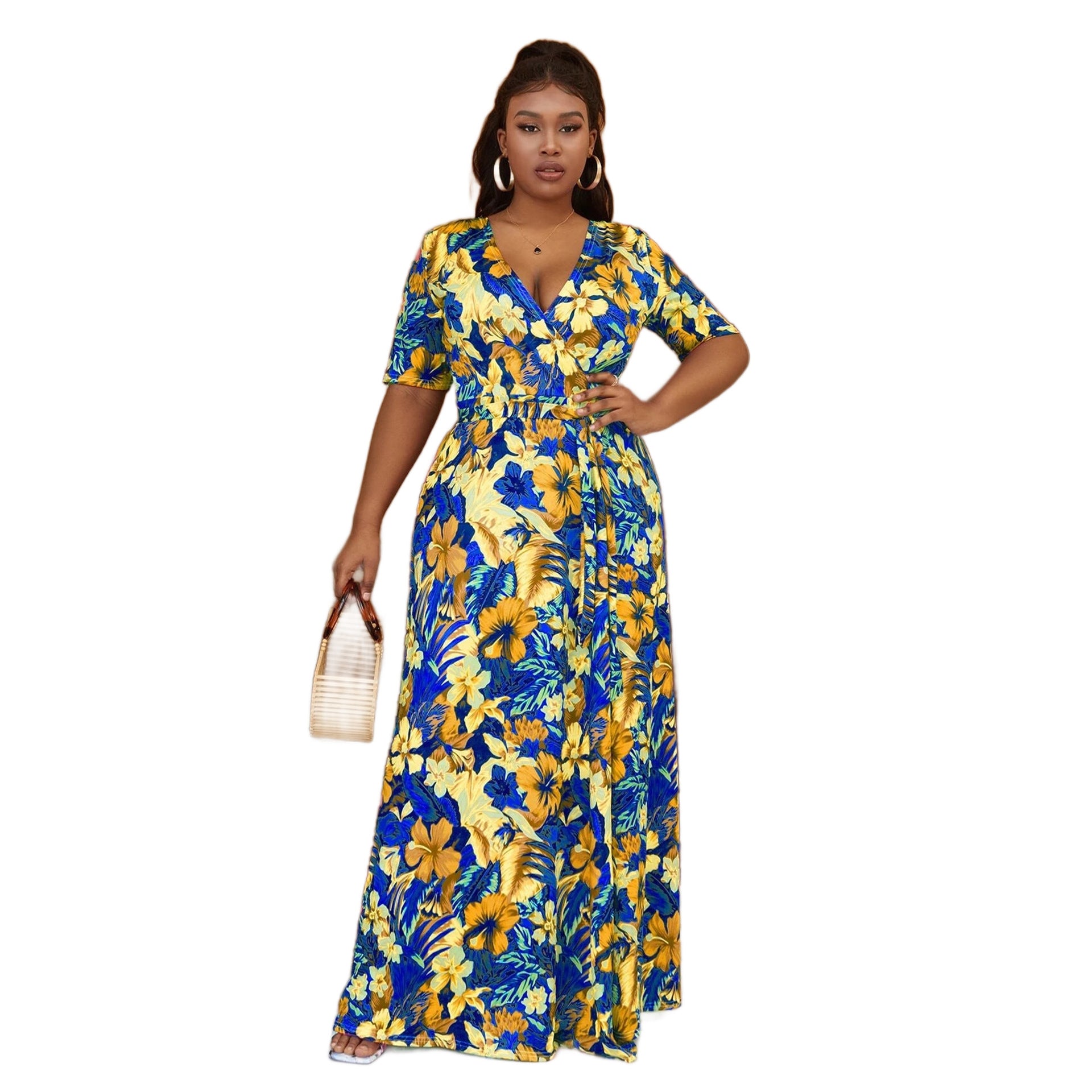 Plus Size Women Bohemian Beach Tie Dye Casual Slit Short Sleeve Maxi Dress 5