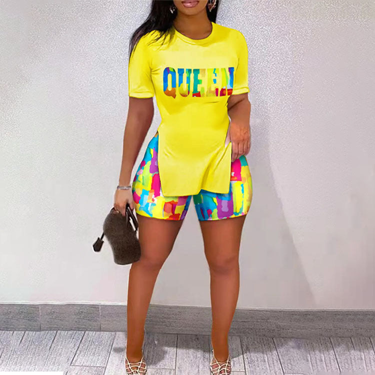 Women Letter Print Slit Short Sleeve Top + Shorts Two-Piece Set 12
