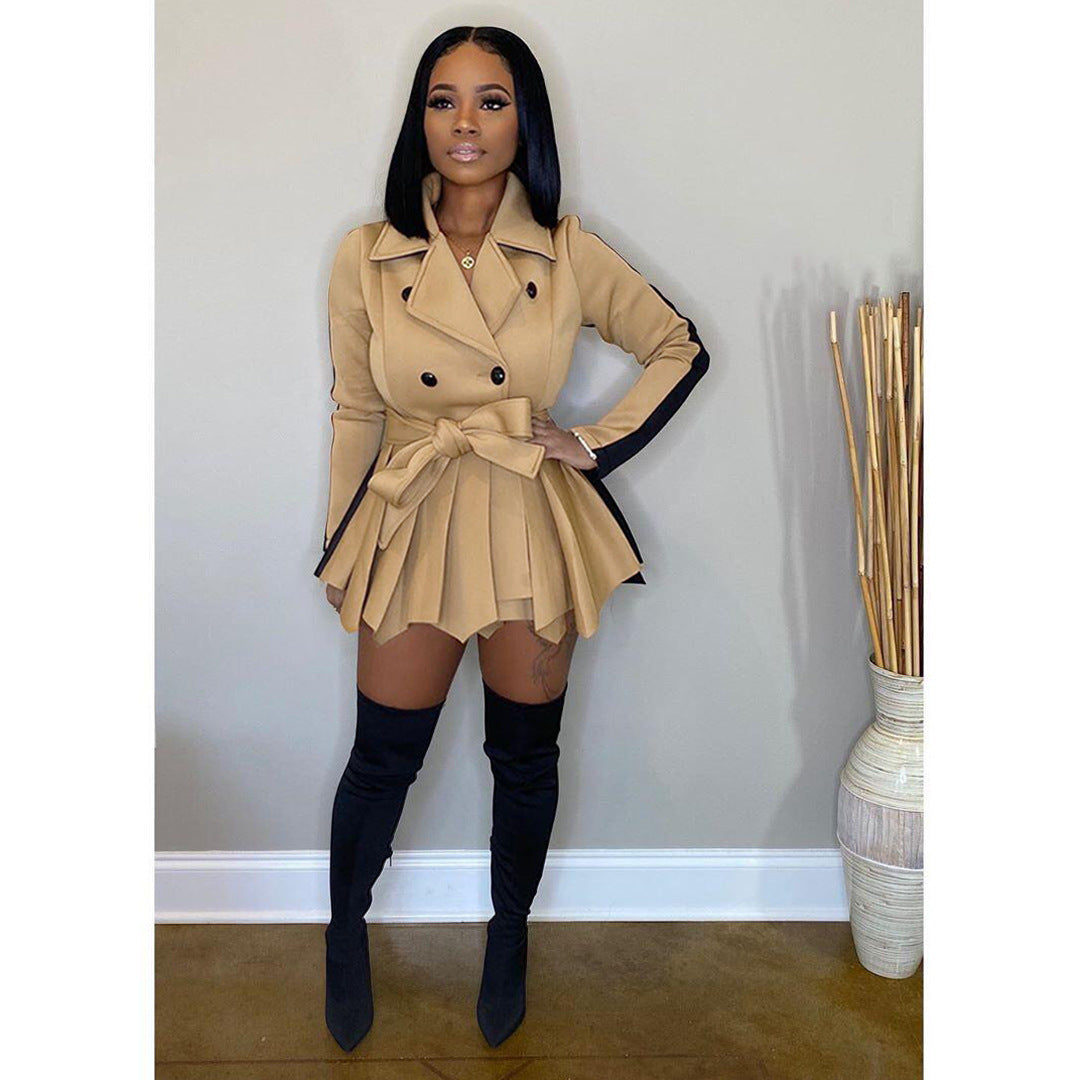 Women Solid Color Block Long Sleeve Casual Dress 12