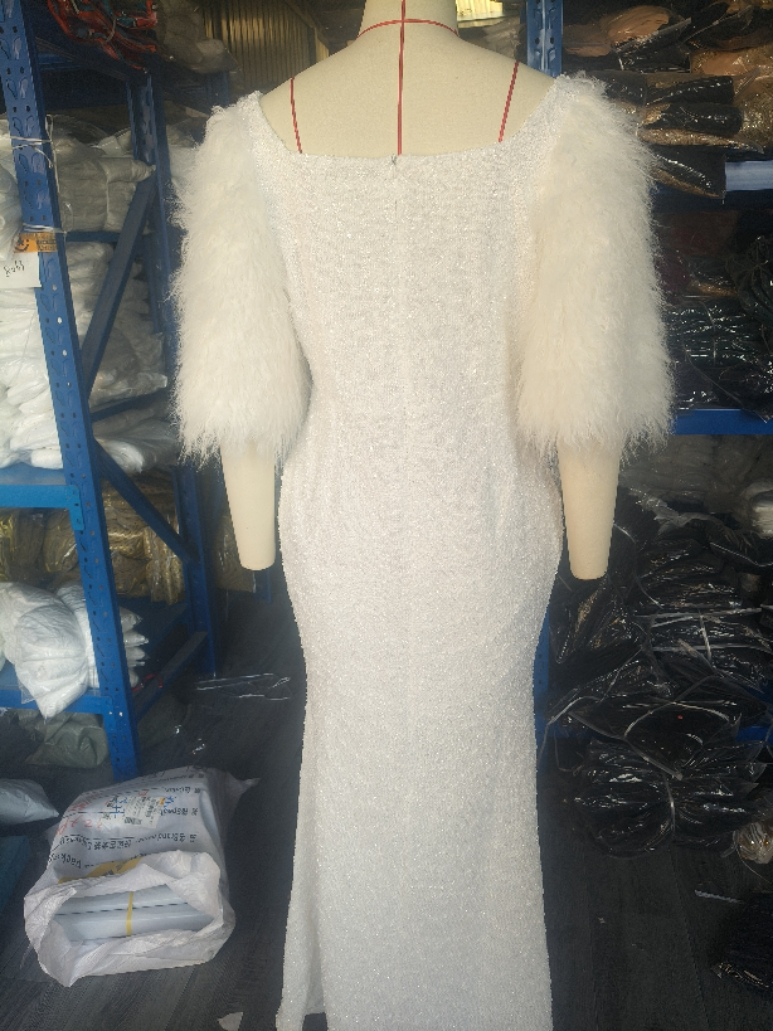 Women U-Neck Sequin Feather Sleeve Evening Dress 5