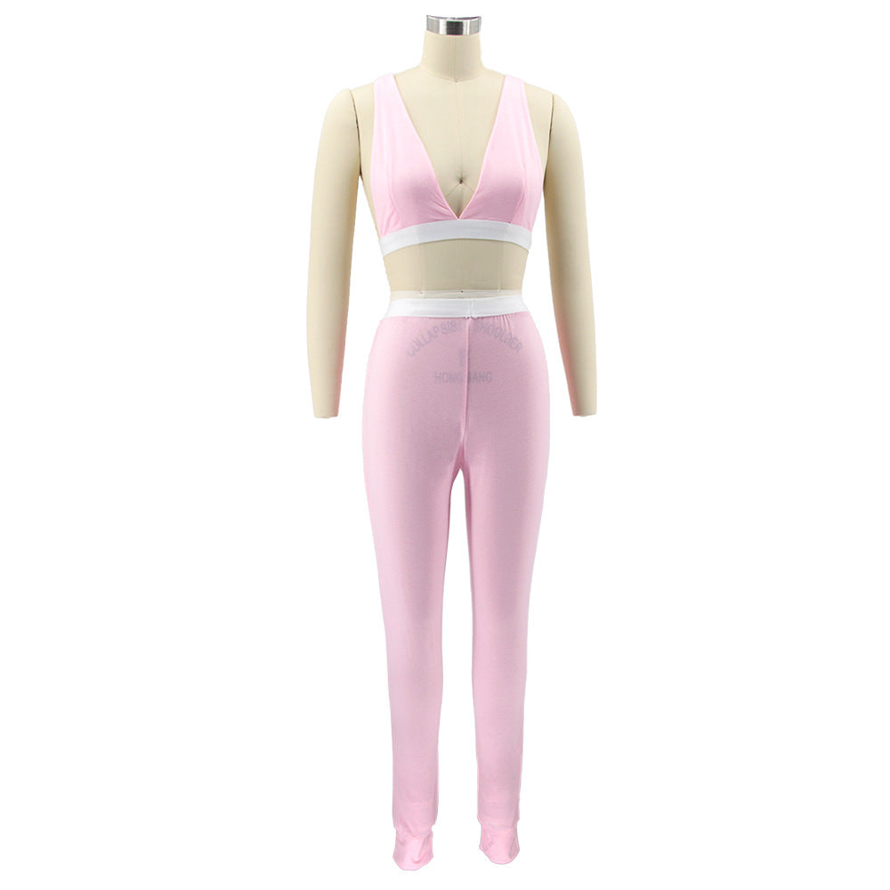 Women Solid Sling Elastic Casual Sports Two-piece Set 19