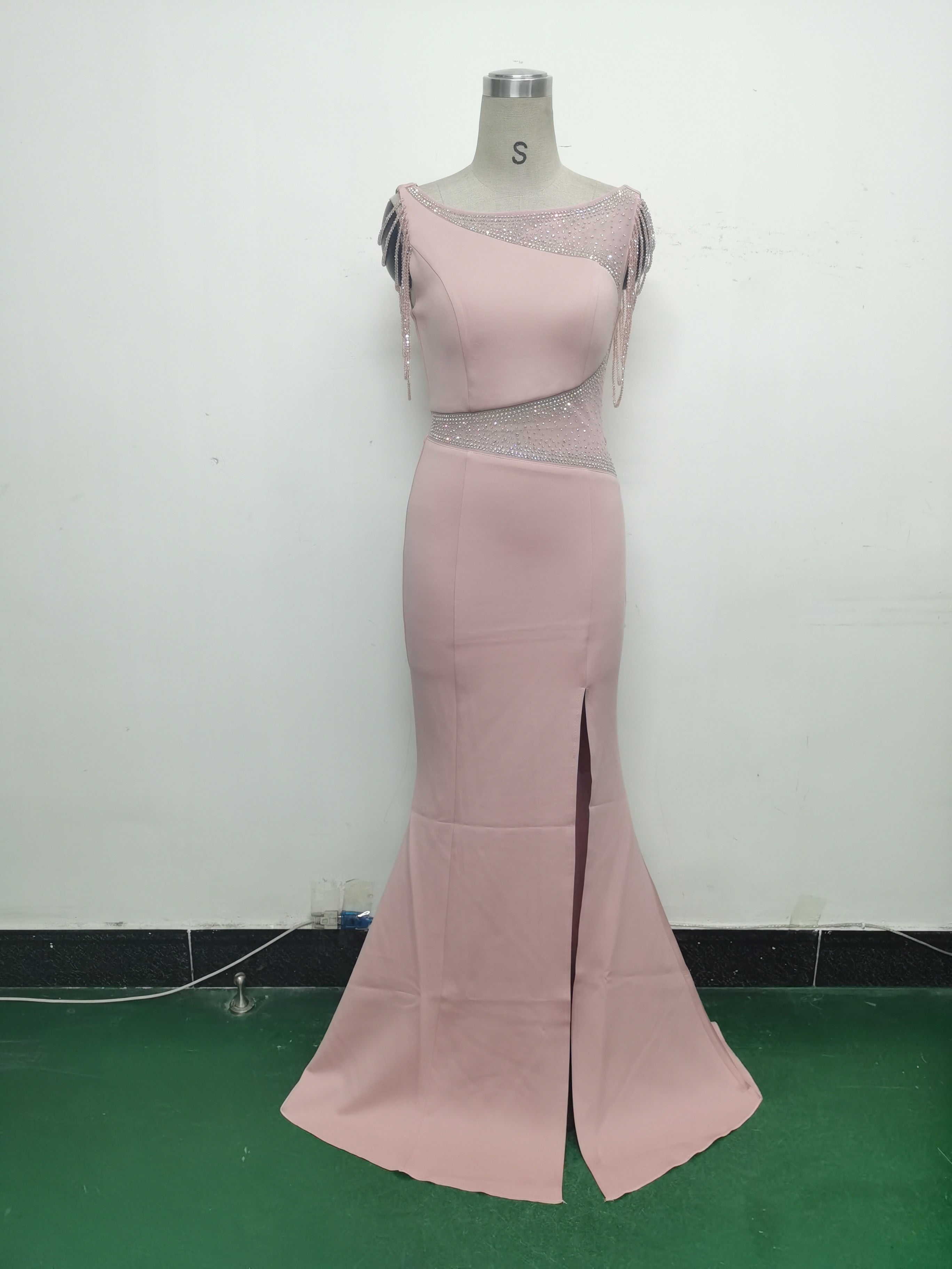 Women Beaded See-Through Mesh Split Evening Dress 22