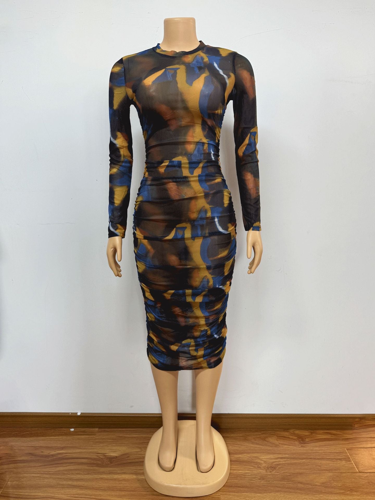 See-Through Mesh Sexy Round Neck Long-Sleeve Bodycon Dress 5