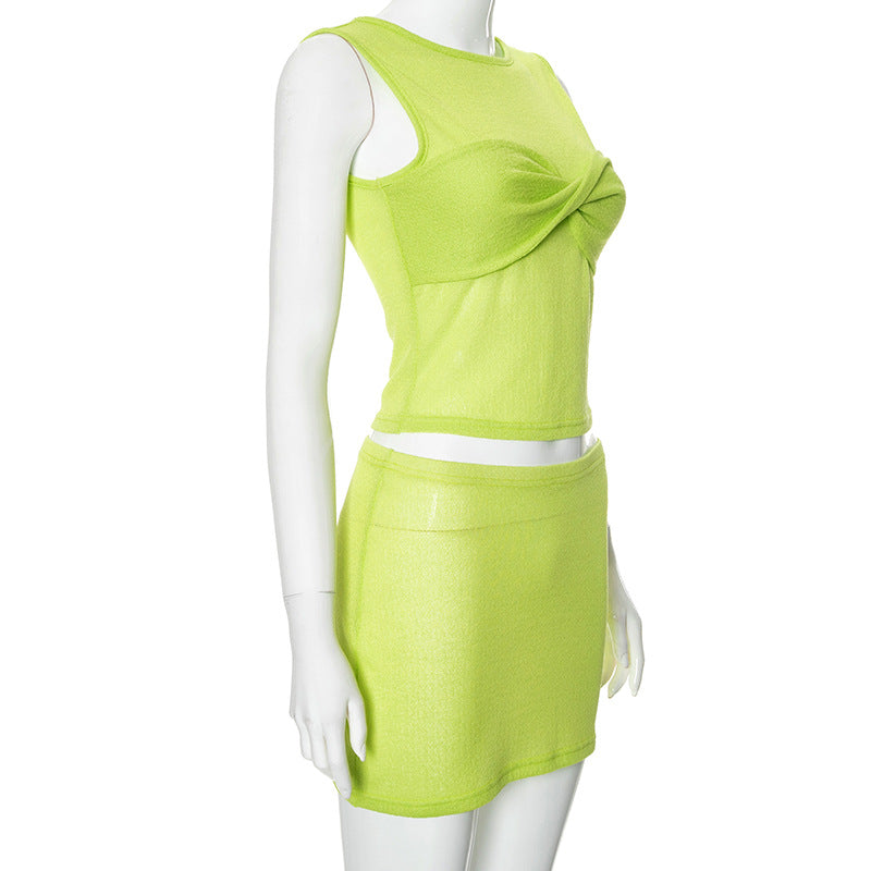 Women Summer Casual Solid Knot Sleeveless Tank Top And Bodycon Skirt Two-piece Set 7
