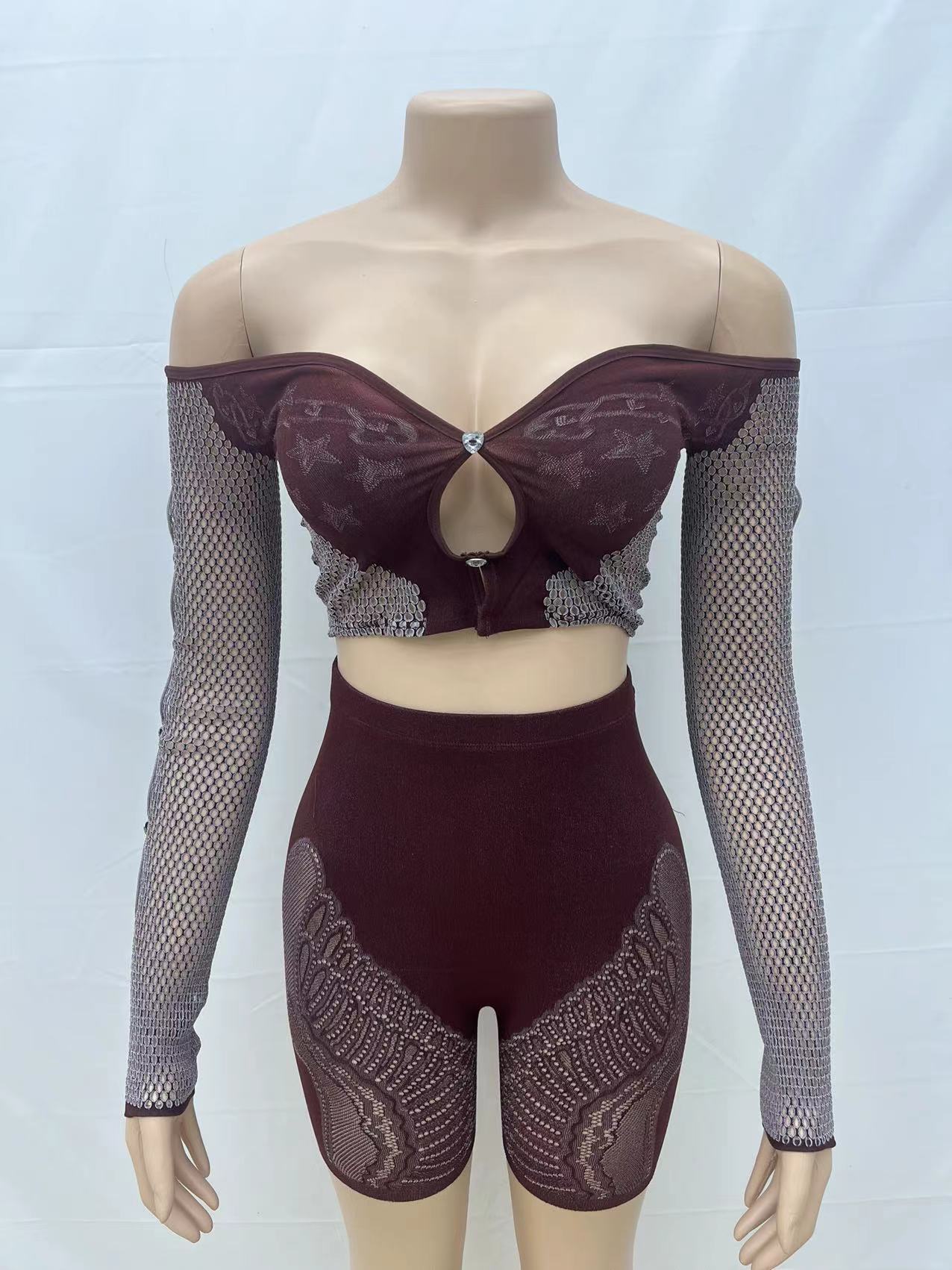 Women Sexy Off-Shoulder Long-Sleeve Cropped Top and Mesh Shorts Two-Piece Set 11