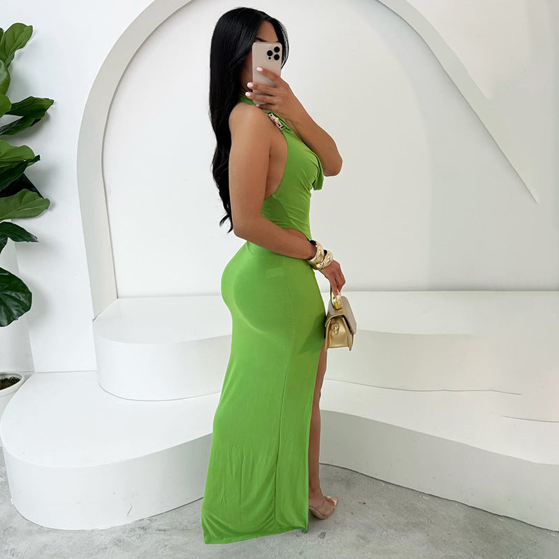 Women Spring Summer Sexy Halter Neck Backless Solid Bodycon Slit Dress 5