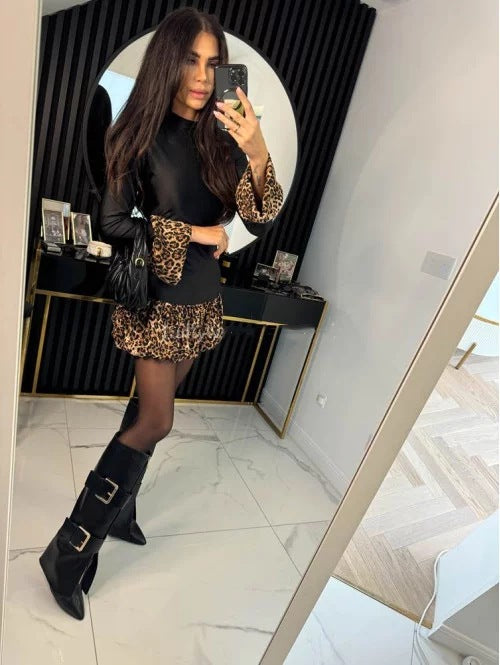 Women Spring Leopard Print Patchwork Bell Bottom Sleeve Mini Dress 5