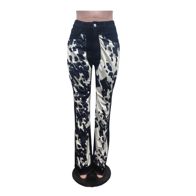 Printed Denim Trousers Fashionable Patchwork Bell Bottom Pants 8