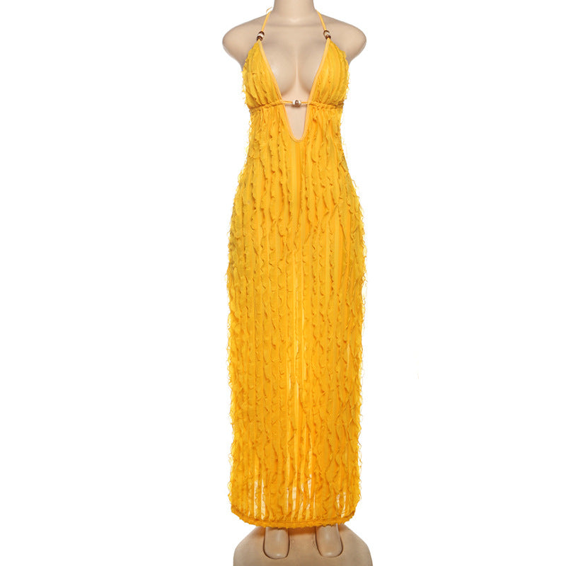 Women Summer Sexy Halter Neck Pleated V Neck Backless Lace-Up Dress 5