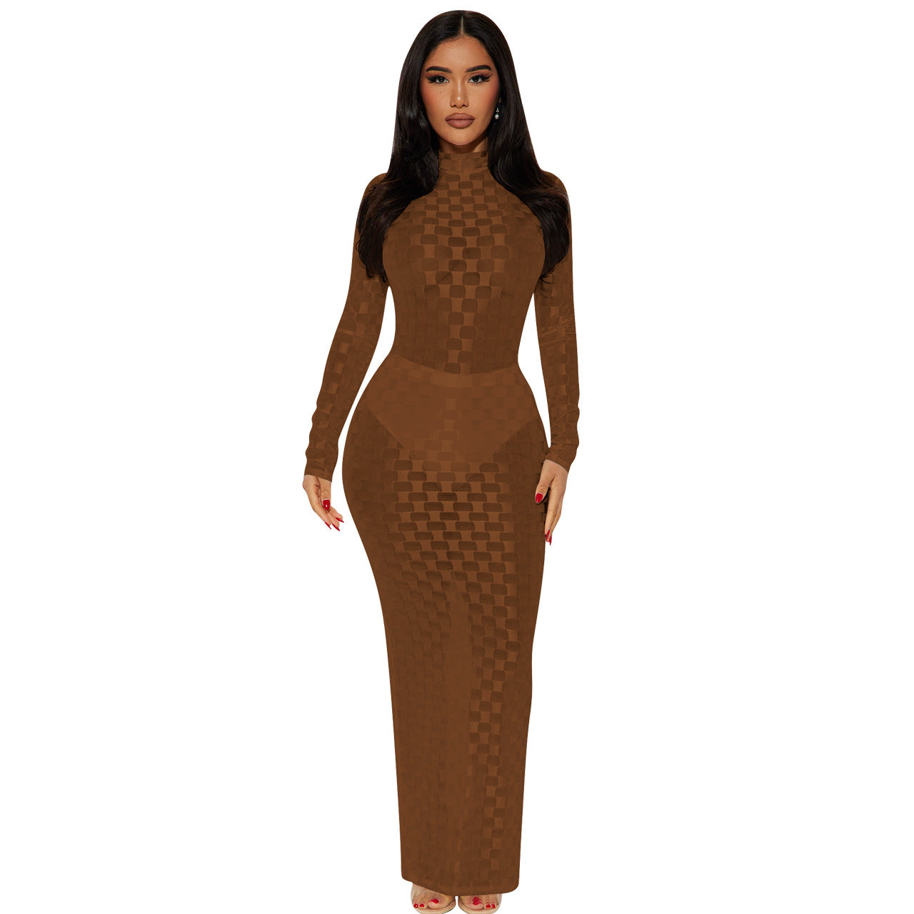 Women's Clothing Sexy Fashion Plaid Mesh Long Dress 10