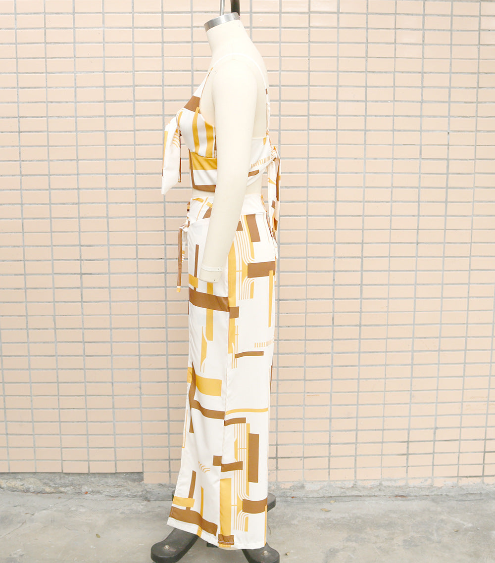 Women Printed Suspender Top and Wide Leg Pants Two-piece Set 7