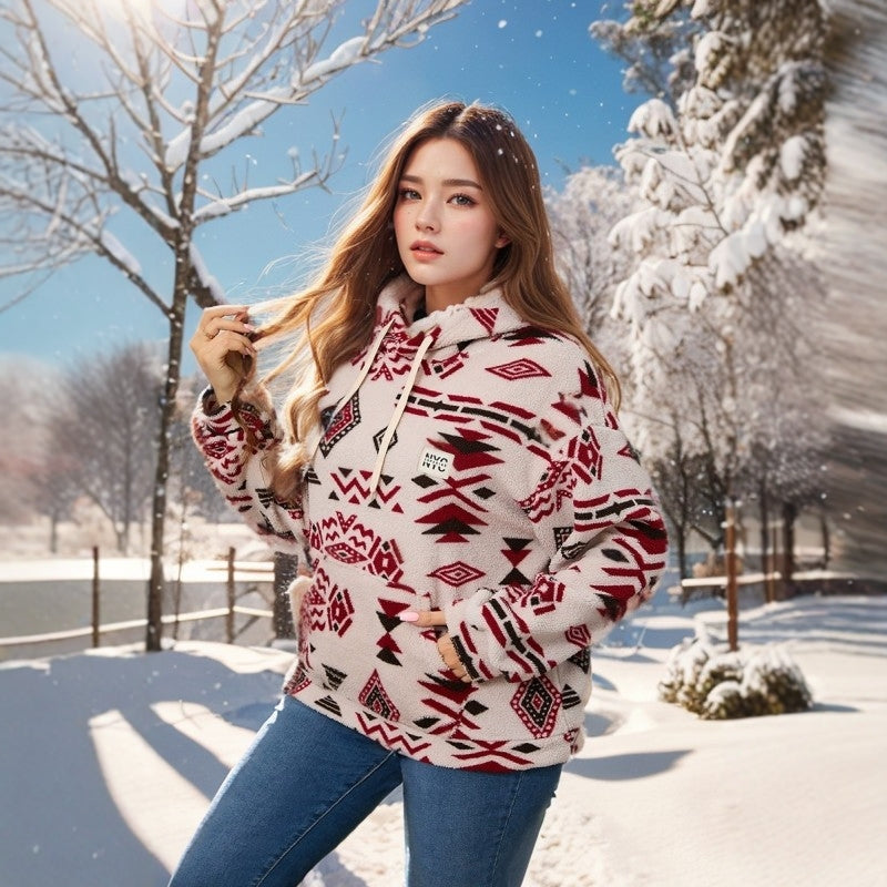 Autumn Winter Plus Size Hooded Top Women's Pocket Fluffy Hoodies 4
