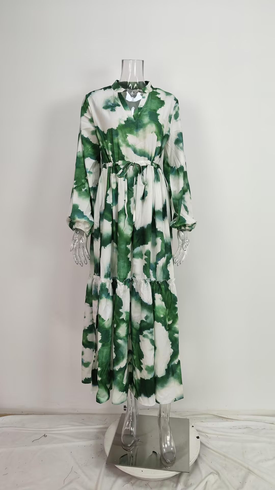 Women Chic Balloon Sleeve Turndown Collar Long Sleeve Dress 53