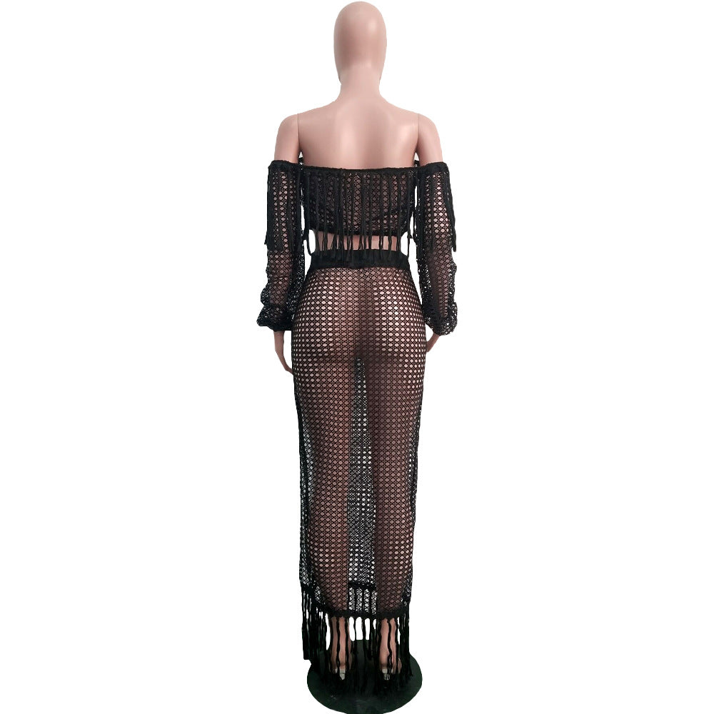 Summer Hollow Sexy Fashion Mesh Tassel See-Through Two-Piece Skirt Set 29