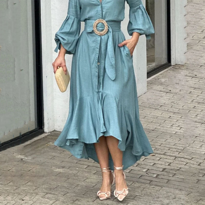 Green Dress Western Dress Fashion Casual Full Sleeve V Neck Turndown Collar Solid & Pocket Maxi Dress 11