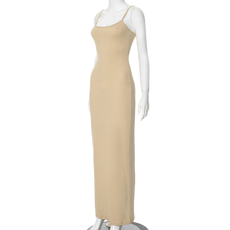 Women's Casual Solid Color Sleeveless Strap Slim Fit Slit Long Dress 9