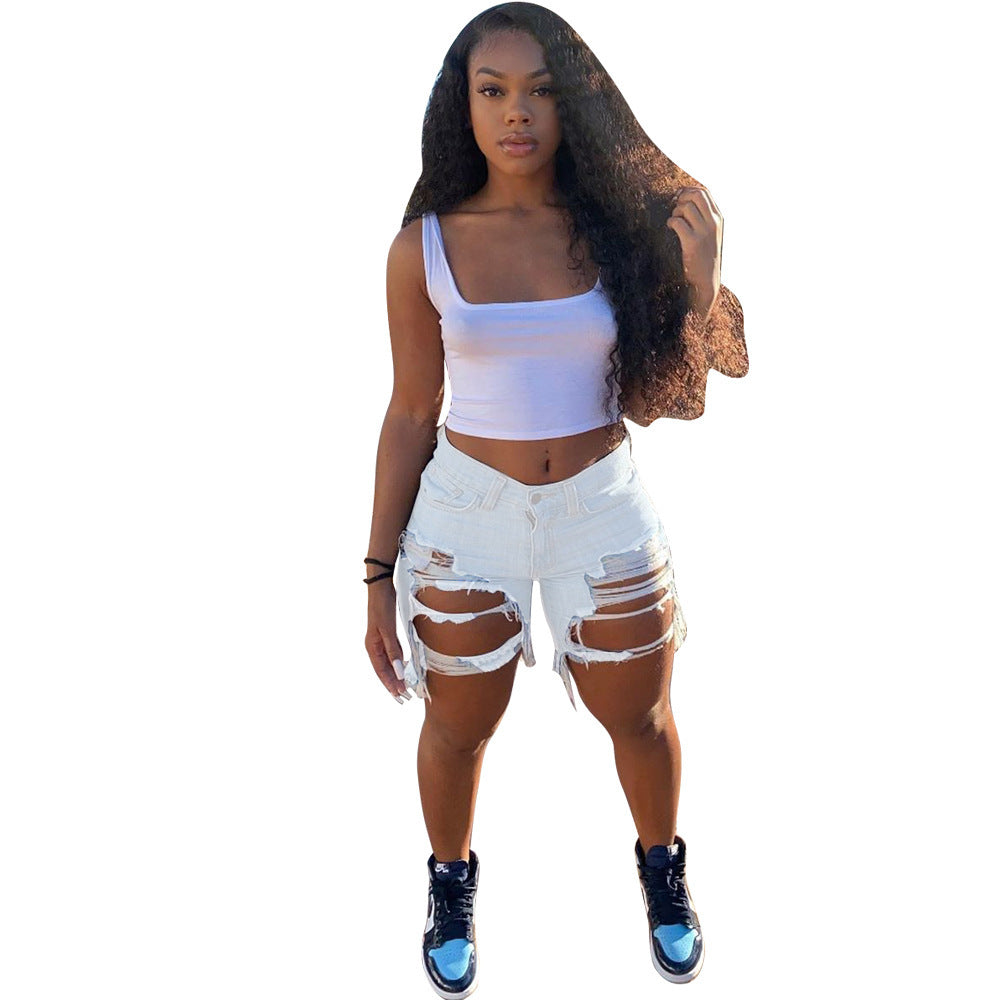 Summer Women's Denim Shorts Ripped Loose High Waist Knee-Length Shorts 16