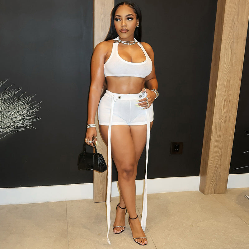 Women's Spring-Summer Ribbed Halter Buckle Vest with Loose Ribbon Shorts Set 4