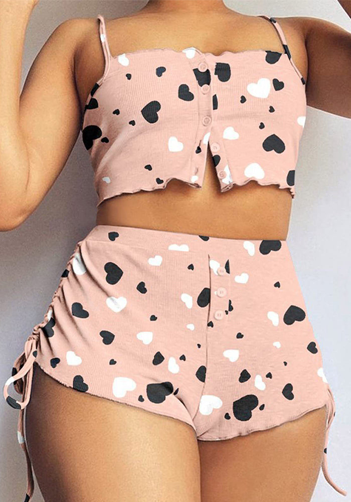 Strap Pajamas Button Printed Two Piece Shorts Set