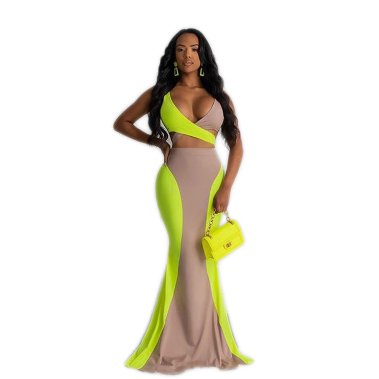 Women Sexy Contrast Color Top and Long Skirt Two-piece Set 10