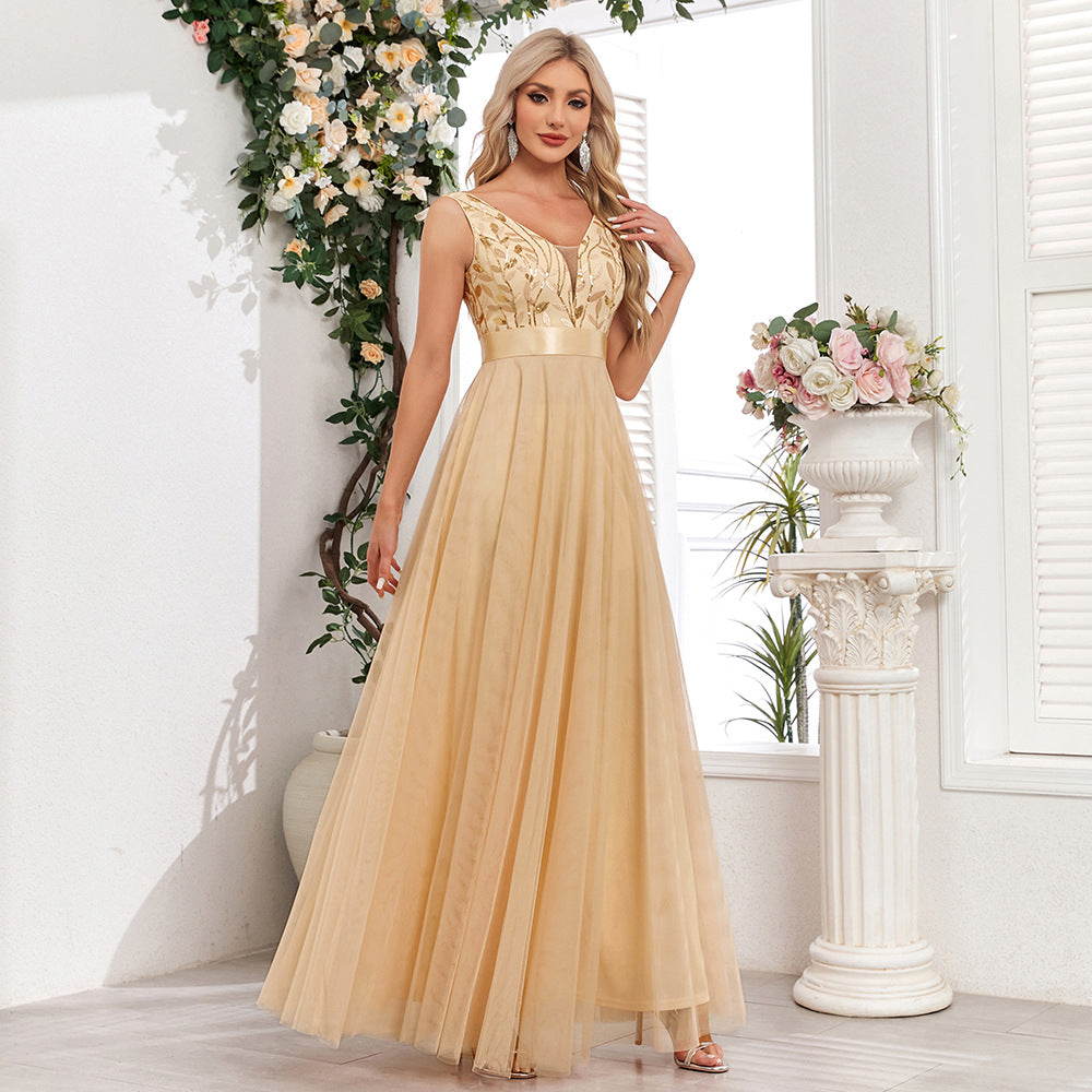 Patchwork Elastic Waist Sleeveless Double V Neck Evening Gown with Embroidered Tulle Elegant Long Swing Party Dress 4