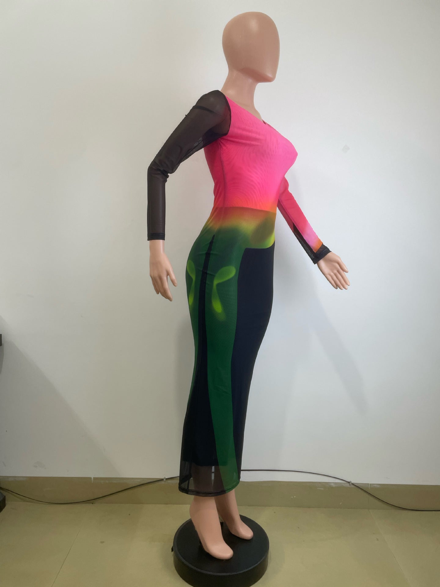 Women double mesh elegant long sleeve dress 7