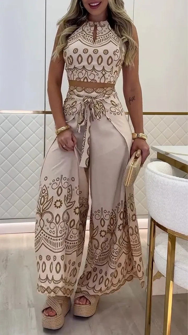 Spring/Summer Retro Ethnic Style Halter Neck Top Wide-Leg Pants Two Piece Set 13
