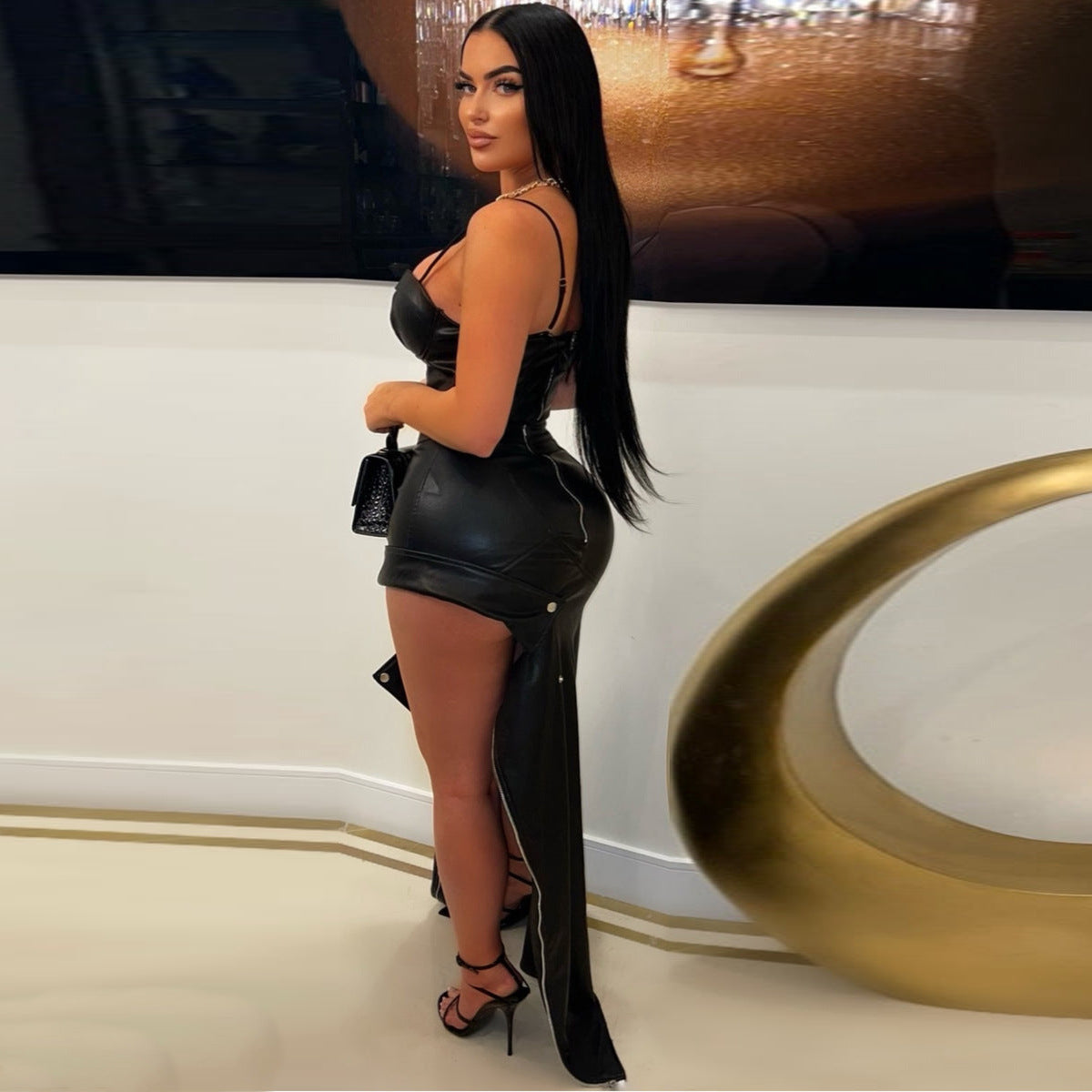 PU leather zipper fashion sexy high slit skirt 4