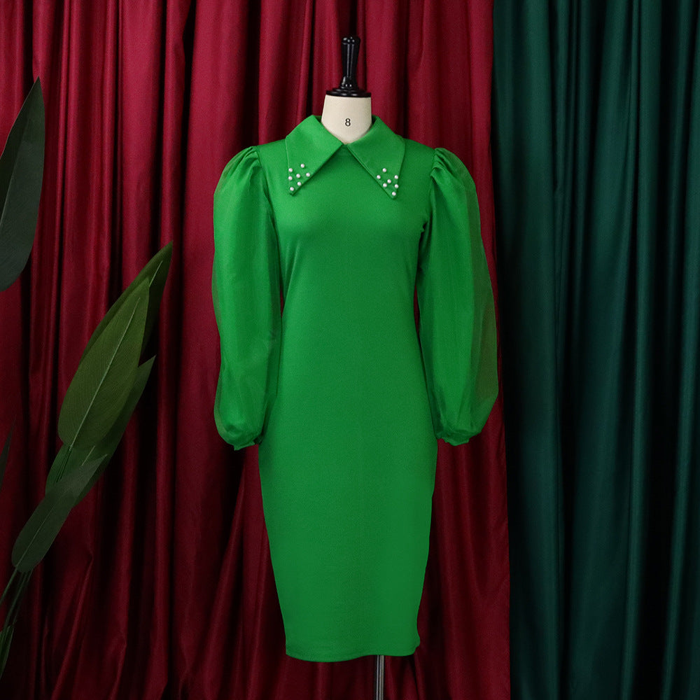 Women'S Spring Autumn Long Sleeve Plus Size Beaded Mesh Patchwork Career Bodycon Pencil Dress 17
