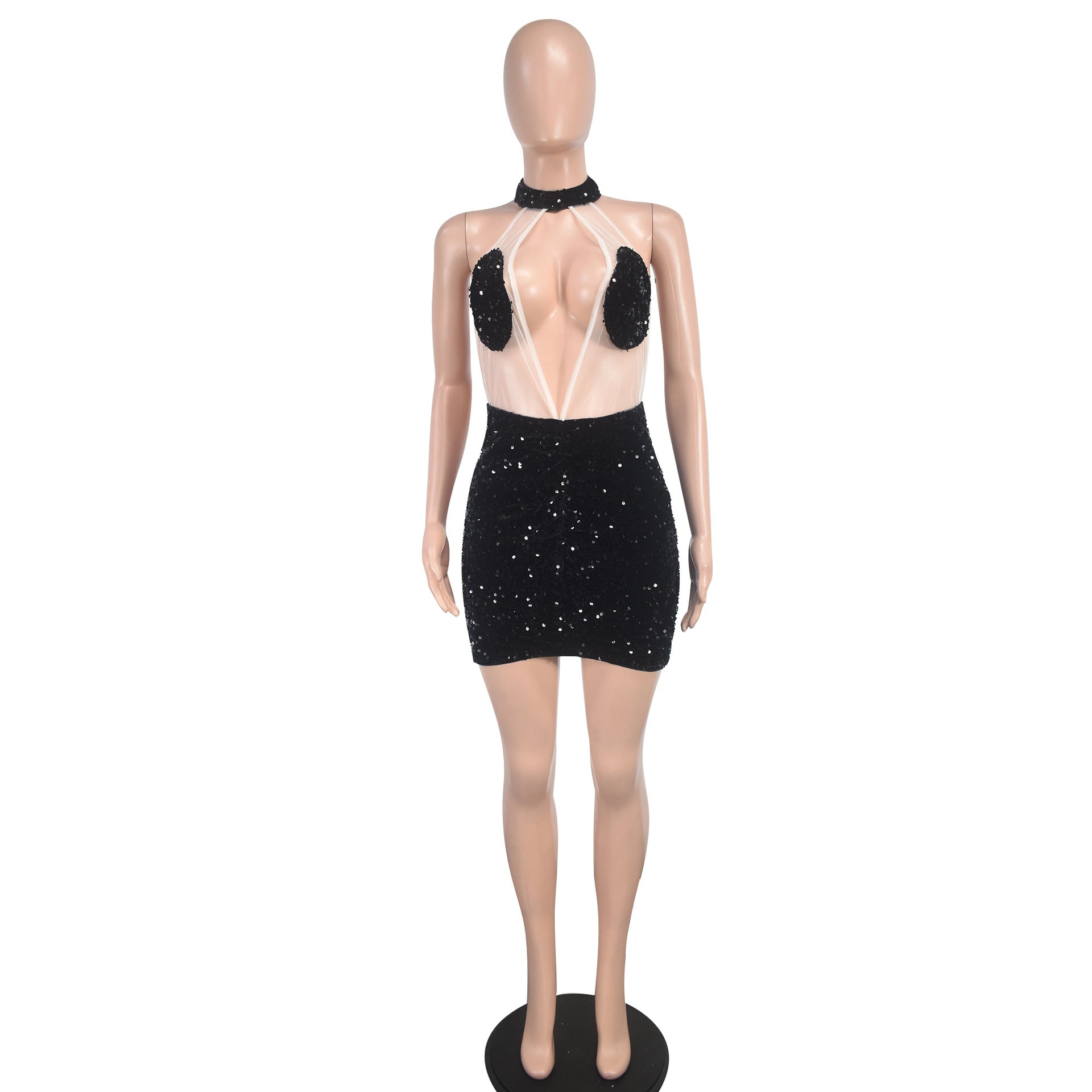 Fashion Women's Sexy Mesh Sequin Halter Neck Sleeveless Bodycon Nightclub Dress 7
