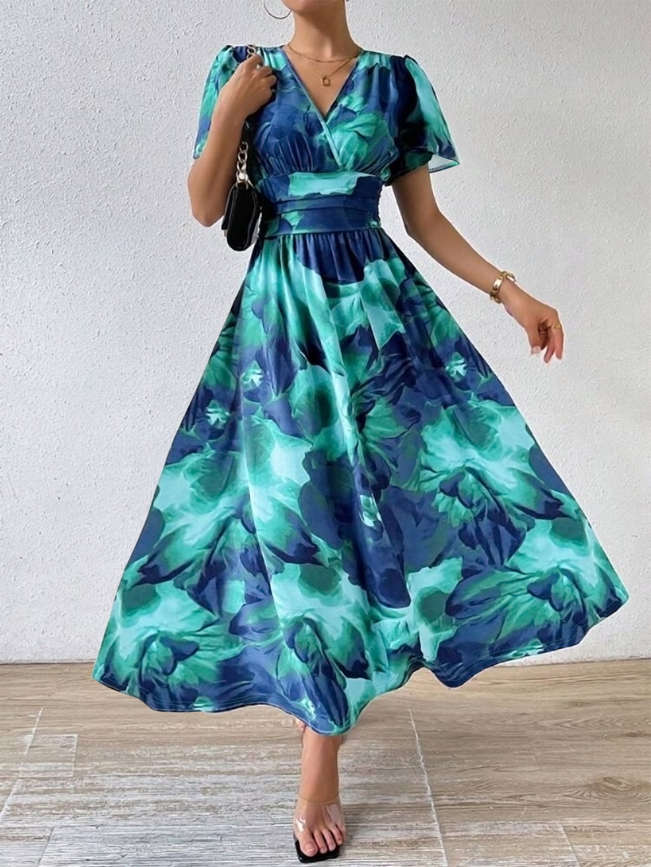 Plus Size Women Elegant V Neck Tie-Dye Print Maxi Dress 5
