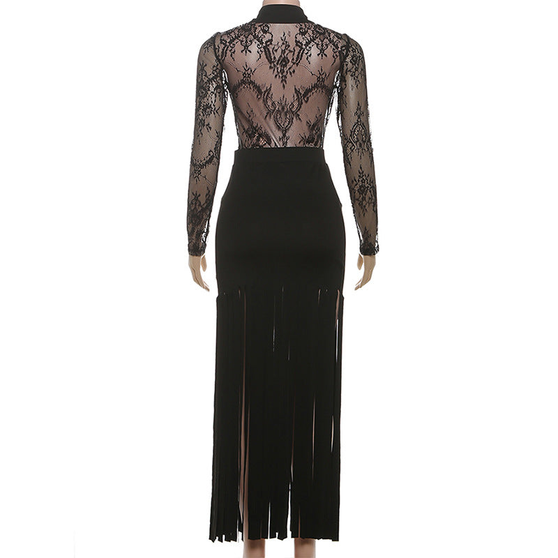 Women autumn sexy mesh see-through top and long skirt two-piece set 7