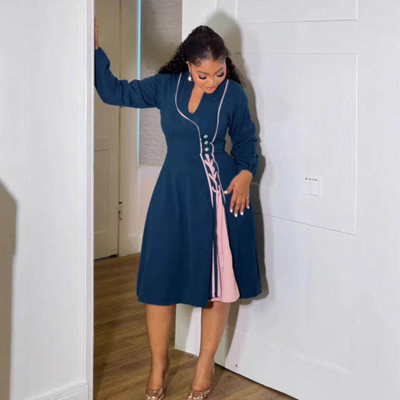 Patchwork Contrast Color Long Sleeve Slim Waist A-Line Dress