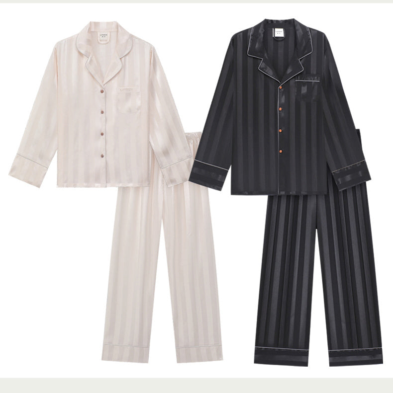 Ice Silk Couple's Pajamas Set Long Sleeve Nightwear for Men & Women 13