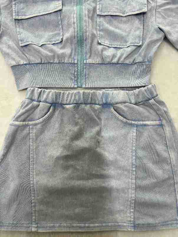 Women casual washed patchwork pocket top and skirt two-piece set 16